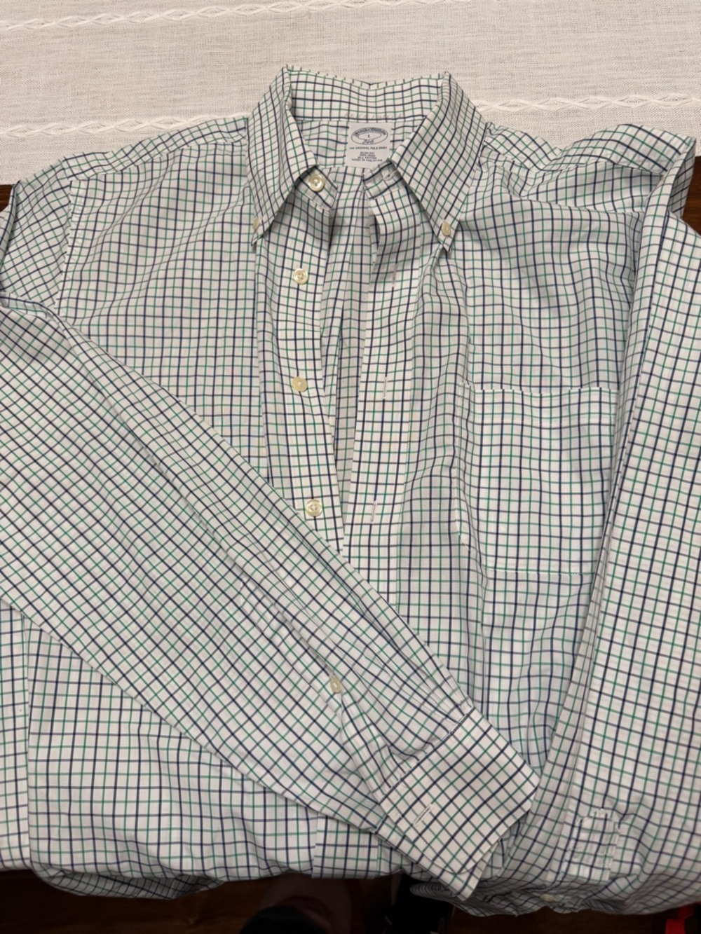 Brooks Brothers L White Button-Down Shirt with Green & Navy Checks